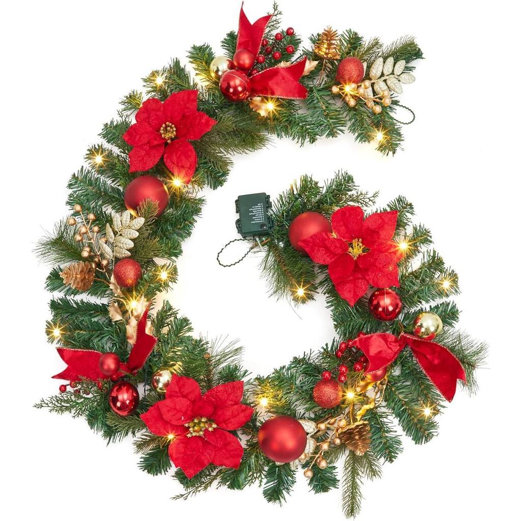 6FT Pre-Lit Christmas Battery Operated Xmas Garland, Red+Silver - N/A