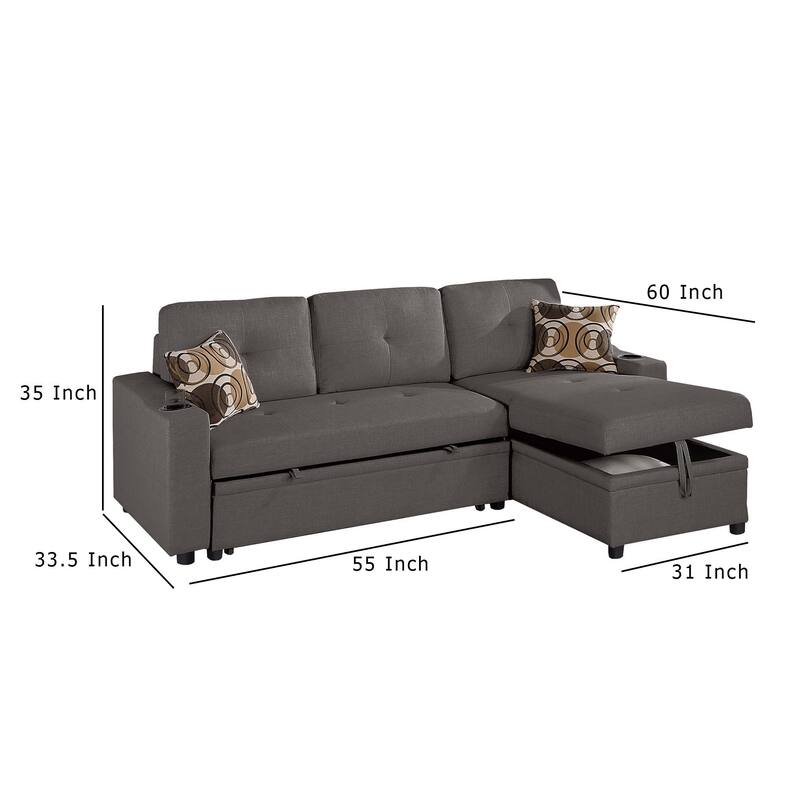 Pero Sectional Sofa Pull Out Bed with Storage Chaise, Pillows, Black