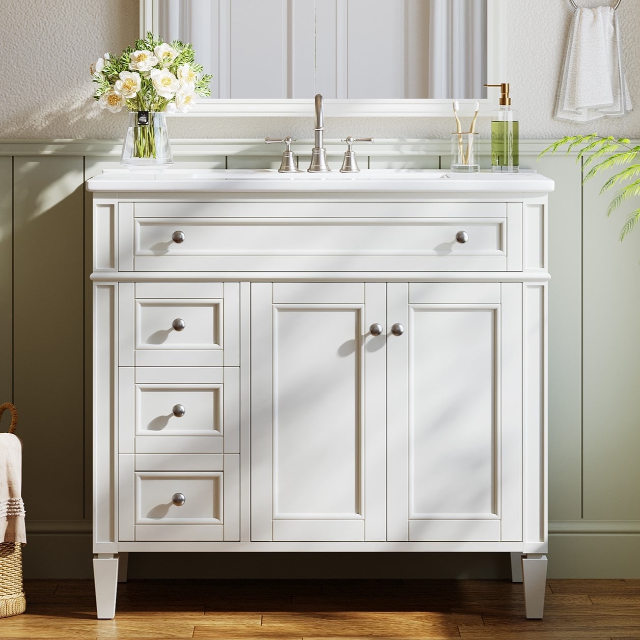 36″ Freestanding Bathroom Vanity with Ceramic Top – 4 Color Options Solid Rubberwood Frame