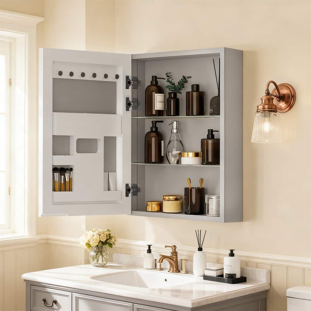 Medicine Cabinet Silver Mirrored Recessed or Surface Mount Single Door Open with Organizer Shelves