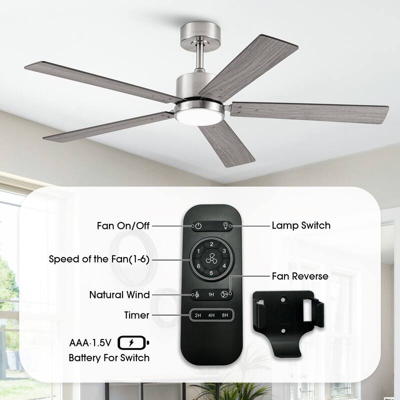 52" Modern Brushed Nickel Plywood Integrated LED Dimmable Ceiling Fan with Light
