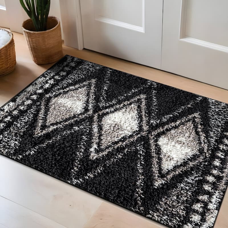 Geometric Grid Shag Rug - Anthracite Dark Gray - Medium Pile - Durable for Living Room, Bedroom, or Entryway - 2' x 3'
