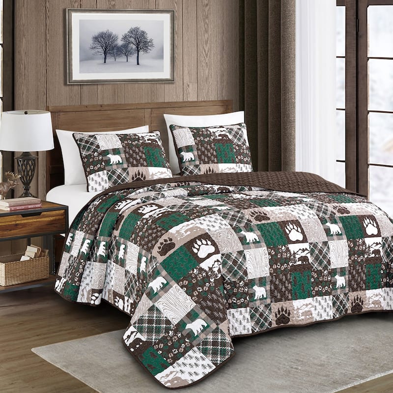 Rustic Lodge Bear & Paw Bedspread Set - Bear Brown - King