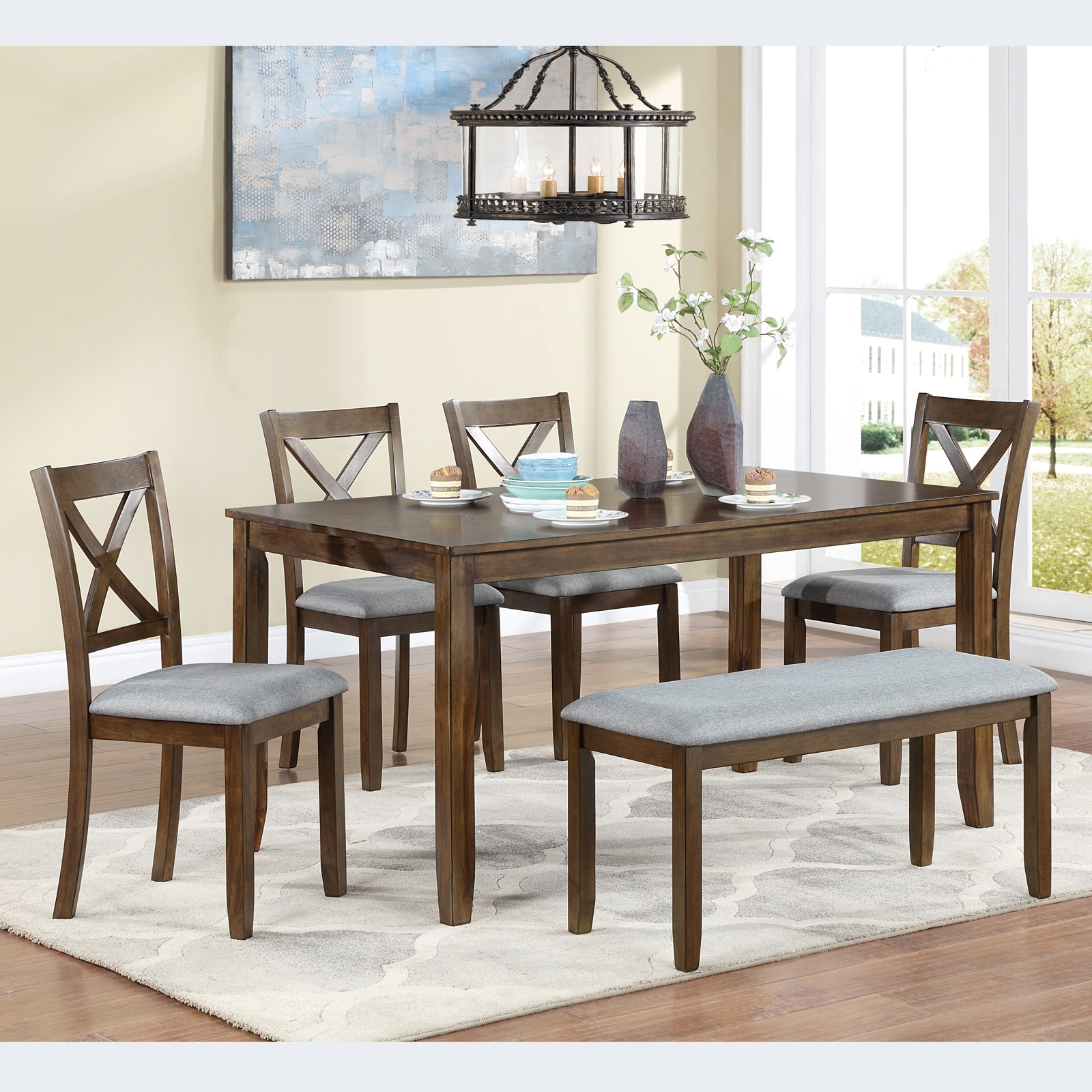6 Piece Kitchen Dining Set, Wooden Dining Table with 4 Upholstered Chairs and a Bench, Dining Table Set for 6 People