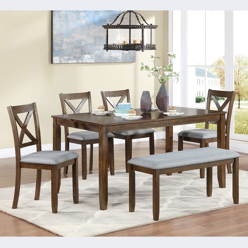 GDFStudio - Brookline 6-Piece Transitional Rectangular Wooden Dining Table Set with 4 Upholstered Chairs & 1 Bench - Cross back - Walnut