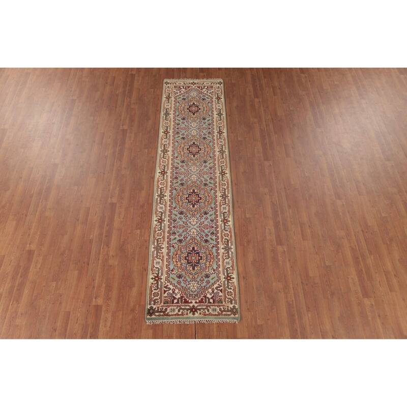 Geometric Heriz Serapi Runner Rug Handmade Blue Wool Carpet - 2'6"x 9'9"