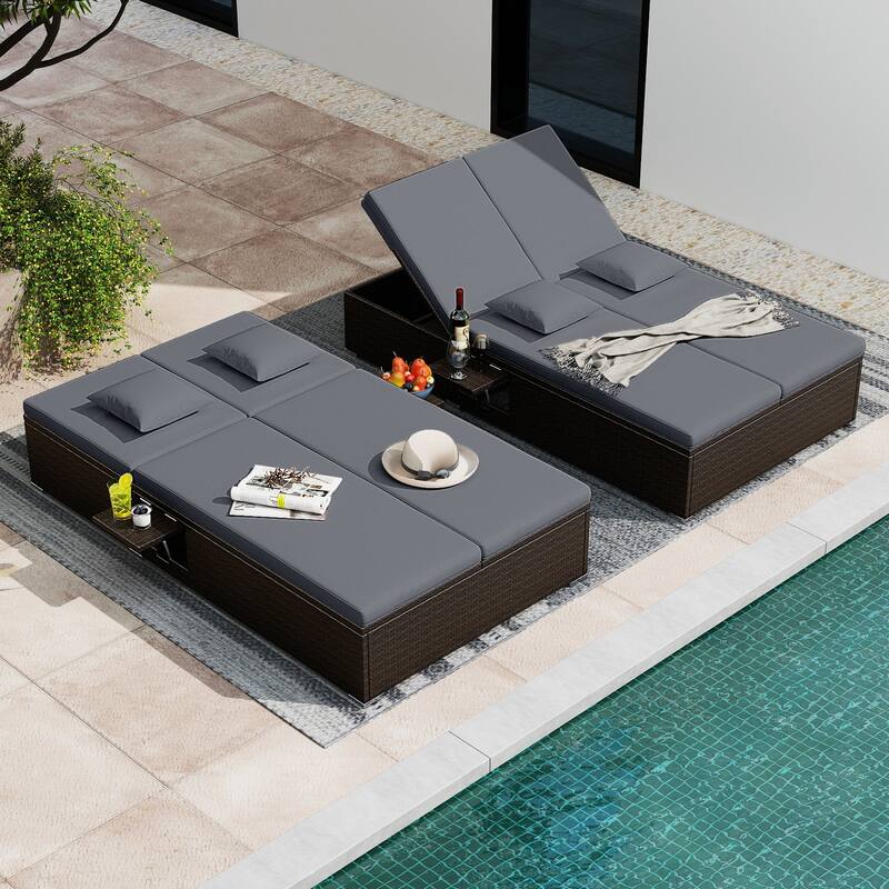 Gymax Patio Daybed PE Wicker Double Chaise Lounge w/ Adjustable