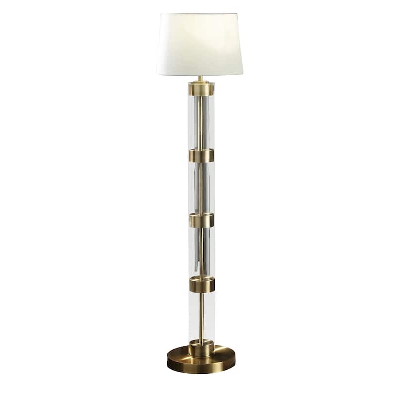 Kria 60 Inch Floor Lamp, Clear Glass Stand, Metal Bands, Antique Brass - Clear, White, Brass