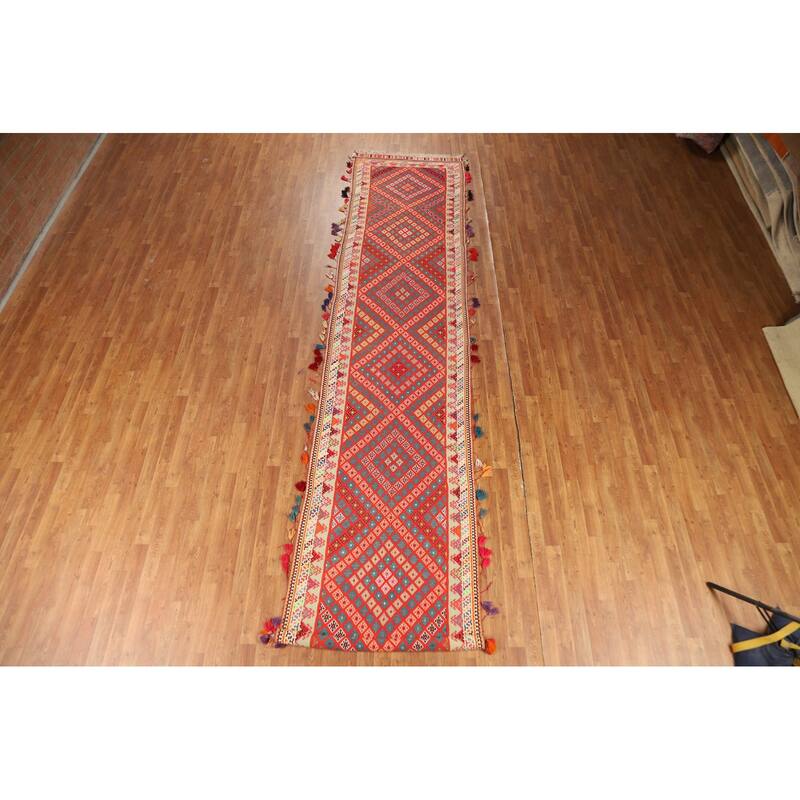 Pre-1900 Antique Vegetable Dye Kilim Persian Runner Rug - 3'2"x 17'1"