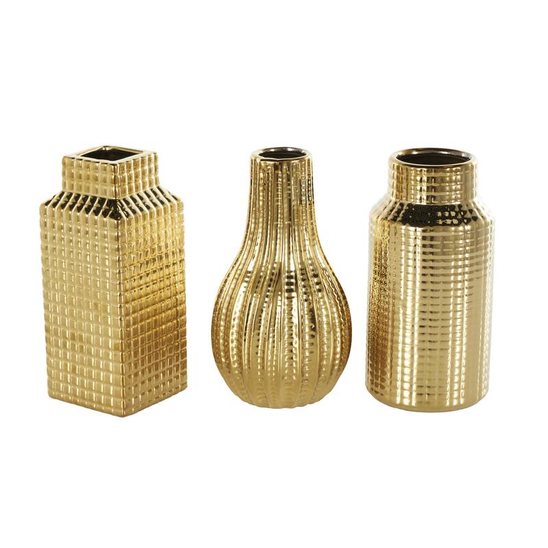Ceramic Geometric Dimensional Textured Decorative Vase with Varying Shapes - Set of 3 Gold, Silver, Cream - Roche River Decor