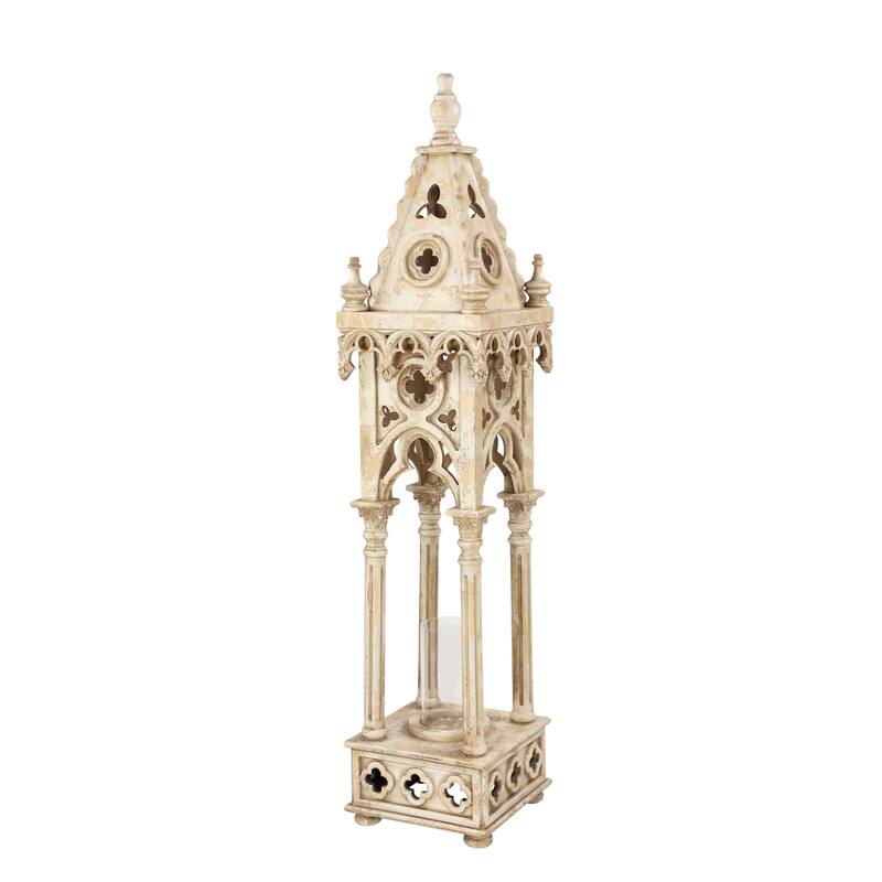 Wood Standing Decorative Candle Lantern - White - Roche River Decor - 12"W x 12"L x 55"H