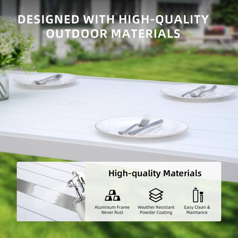 6PC Patio Aluminum Furniture, Modern Dining Set, including 4 Dining Chairs & 1 Dining Bench Sunbrella Fabric Cushioned a - White