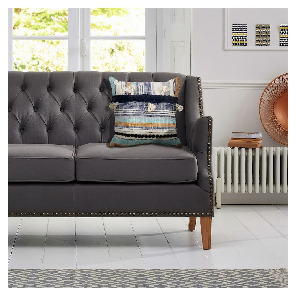 Handmade Striped Square Throw Pillow Cover with Tassels - 18" - Blue and Cream