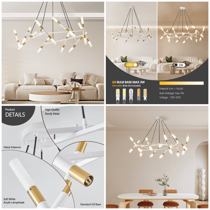 41" Modern Chandelier with Branch Design, Frosted Tubes & Black Cords