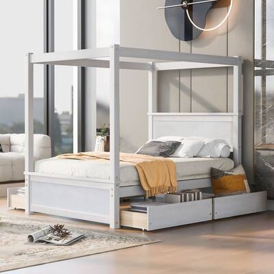 Full Size Wood Canopy Platform Bed with 4 Drawers Sturdy Safety White