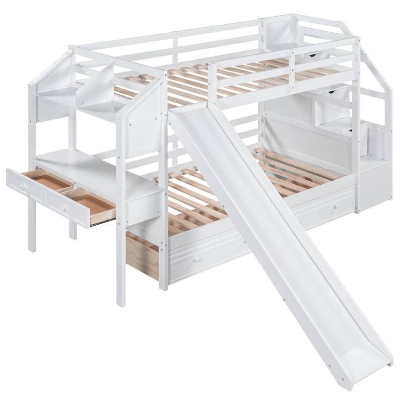 Twin over Twin Bunk Bed with Storage Staircase, Slide and Drawers, Desk