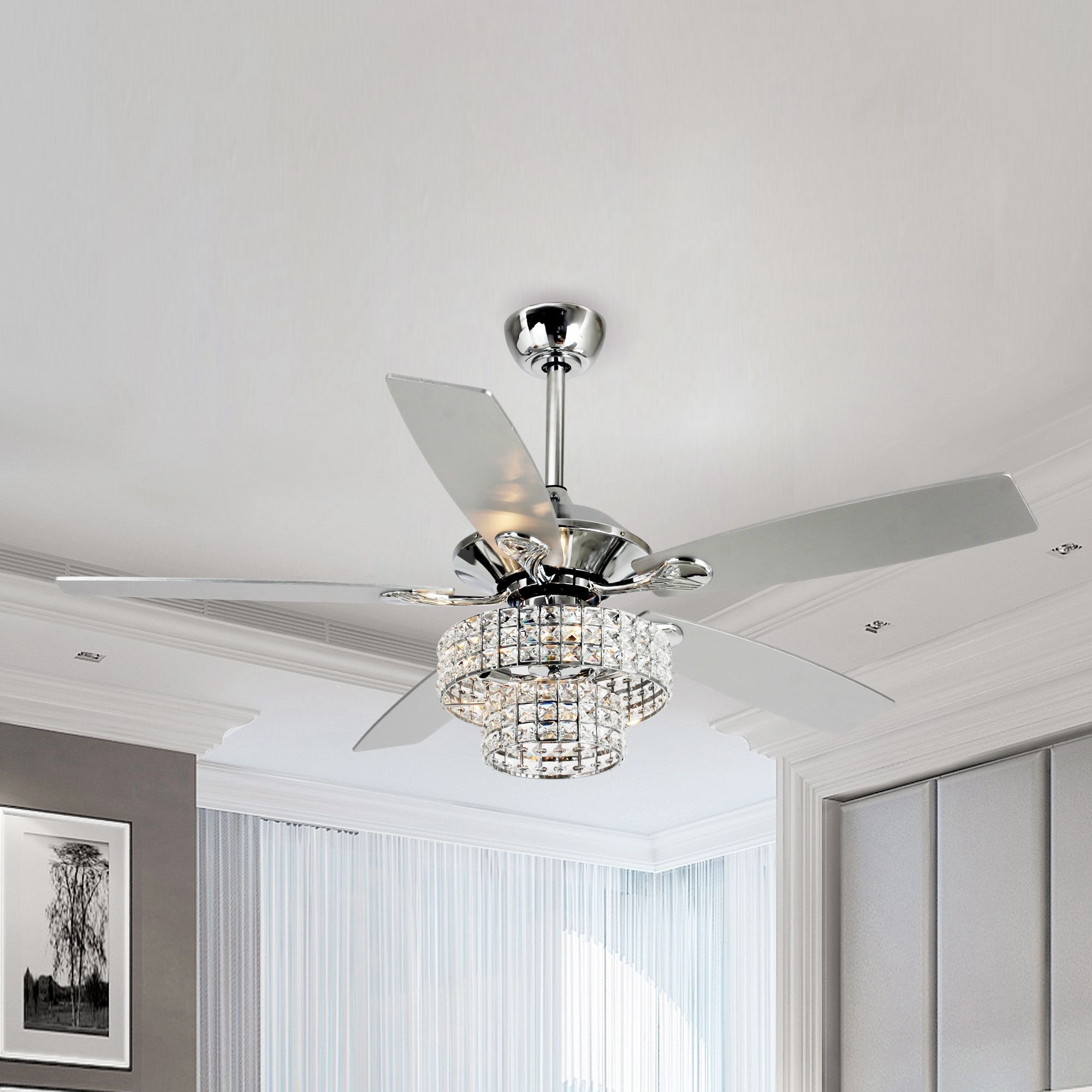 52-inch Modern Chrome 5-Blades 2-Tire Crystal Shade Ceiling Fan with Remote and Light Kit - 52-in W