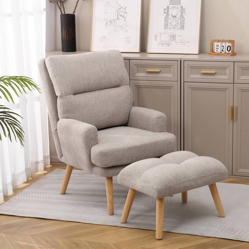 Accent Chair with Ottoman Set Wood Legs and Adjustable Backrest