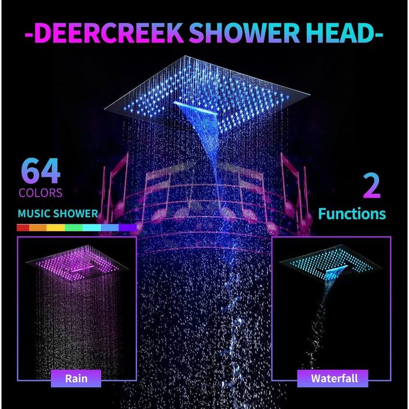 DeerCreek 16" Shower System- LED Music Railfall Waterfall Thermostatic Faucet Jets - 1/2 MB - Matte Black