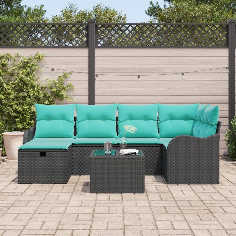 vidaXL 6/7 Garden Sofa Set with Cushions Black/Brown/Grey Poly Rattan - 91.5 x 48.2 x 27.2
