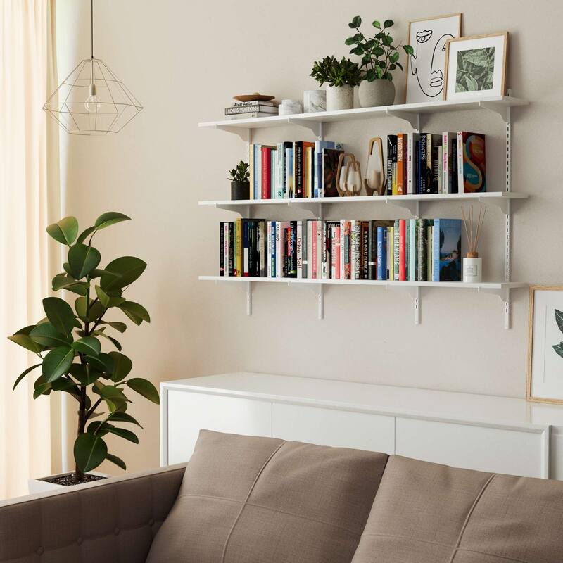 Wallniture Turin 60 Inch Long Wall Bookshelf, Floating Shelf with Adjustable Brackets, Farmhouse, Custom Finish and Tier Options