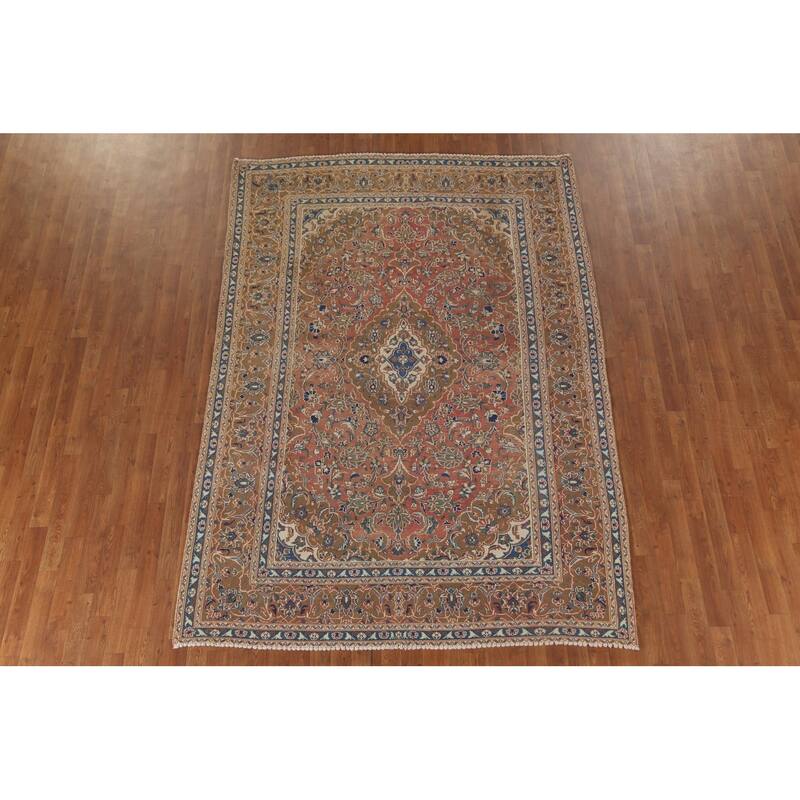 Orange Traditional Mashad Persian Vintage Rug Handmade Wool Carpet - 6'3"x 9'0"
