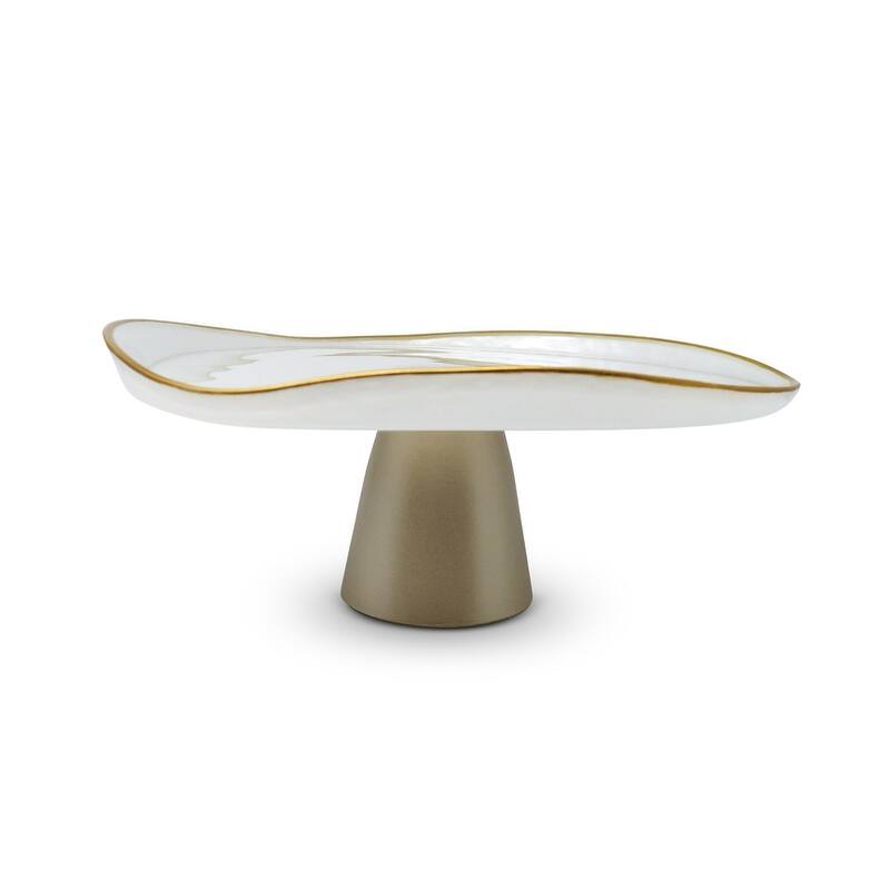 Organic Shaped Footed Cake Plate with Gold - Medium - White