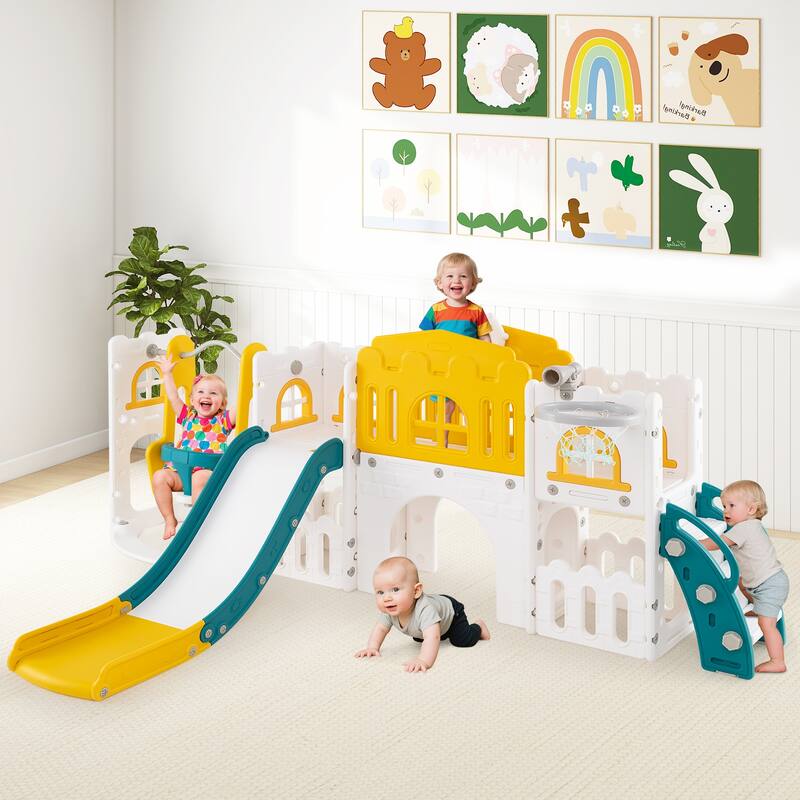 Gymax 10 in 1 Toddler Swing & Slide Set w/Basketball Hoop Telescope