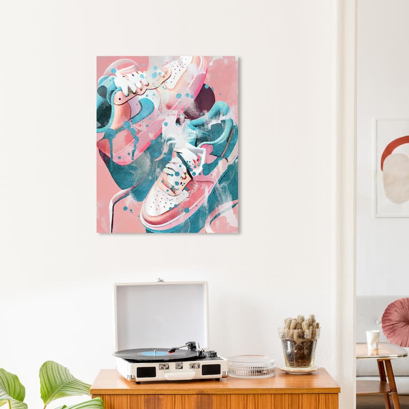 Wynwood Studio Fashion and Glam Summer Sneakers Pink and Turquoise Modern & Contemporary Wall Art Canvas Print - 24 x 20