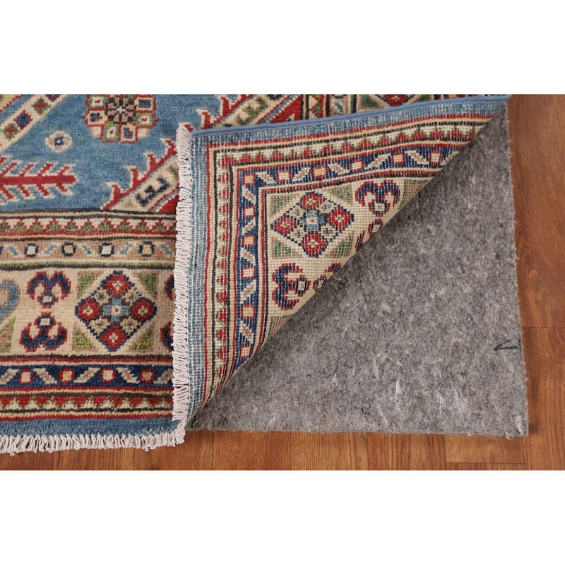 Blue Geometric Kazak Oriental Rug Bedroom Hand-Knotted Wool Carpet - 4'0"x 5'10"