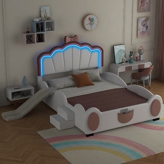 Full Size PU Upholstered Platform Bed with Seashell Shaped Headboard, LED Light and Slide, Wood Kids Bed Frame, Pink+White