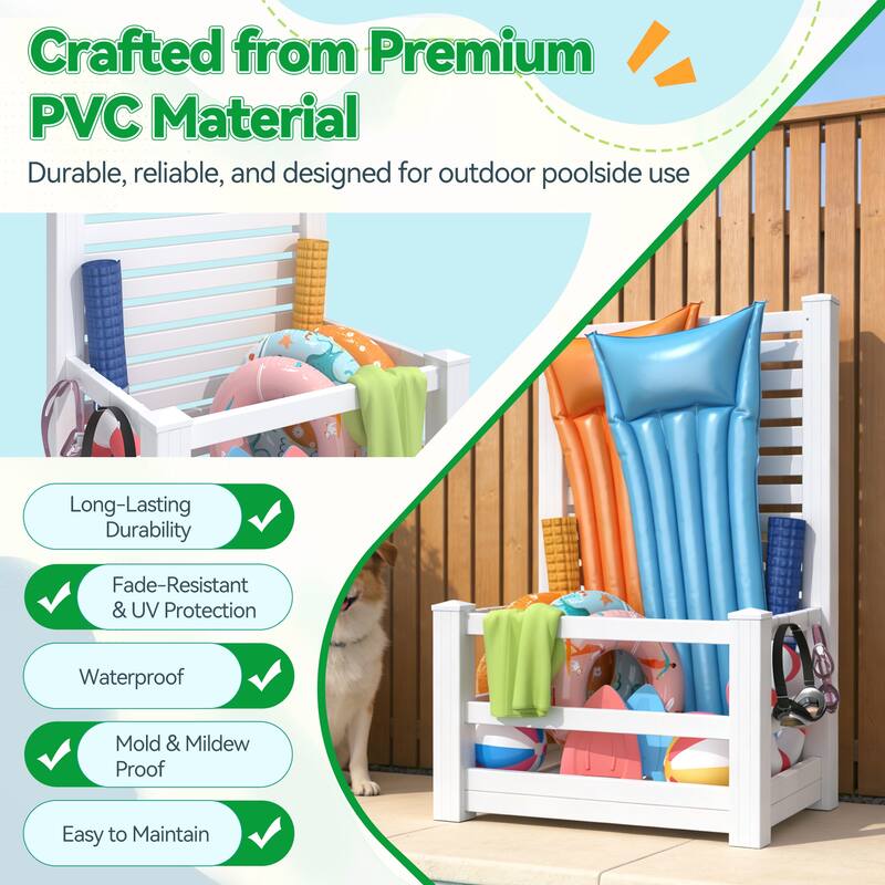 Waterproof Outdoor Pool Storage Bin with Hooks, Basket Holder or Long Panel for Poolside & Patio