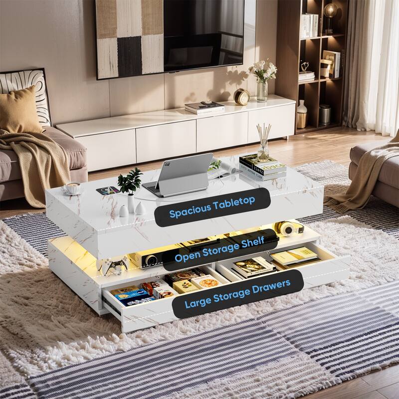 Pocassy Double-Layer Center Tables with LED Light 47.2 Inch
