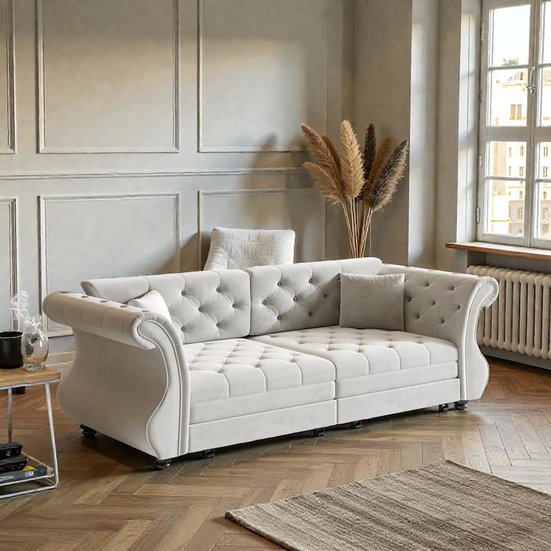 83.8 Inch Chesterfield Pull Out Sofa Bed, Velvet Roll Arm Couch with Flower Tufting, Convertible Sleeper - Light Grey