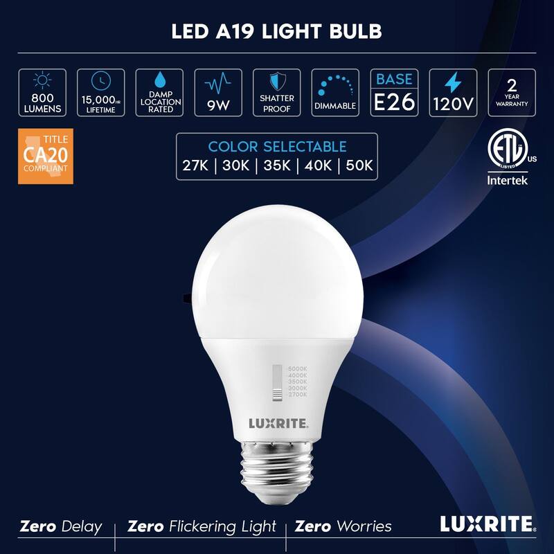Luxrite A19 LED Light Bulb Dimmable 9W=60W CRI90 5CCT 800 Lumens E26 Base Title CA20 ETL 16 Pack