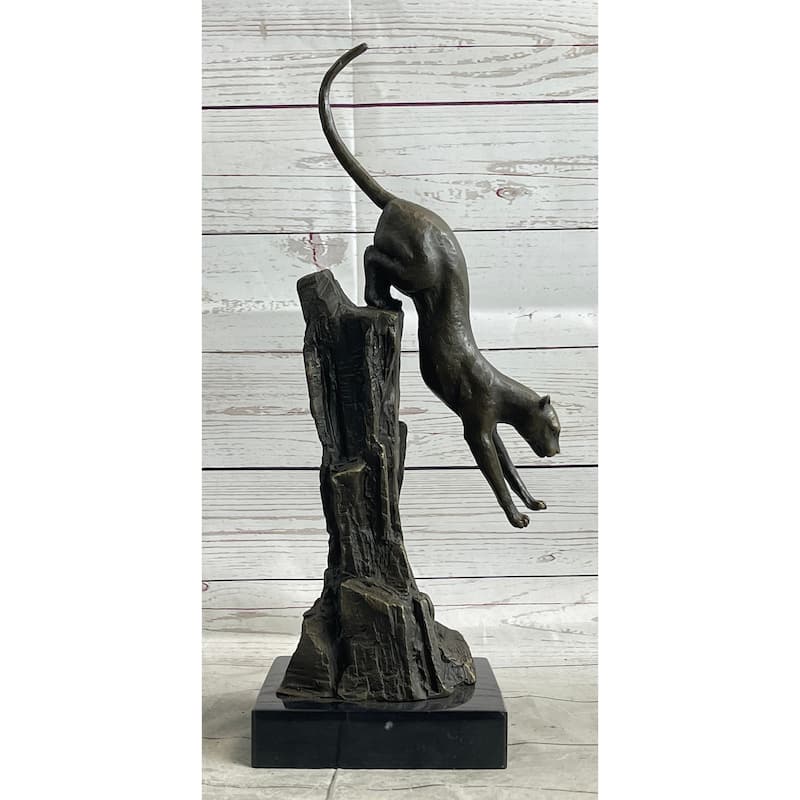 Panther Cougar Mountain Lion Cat Leaping Pouncing Down Bronze Sculpture Statue Art
