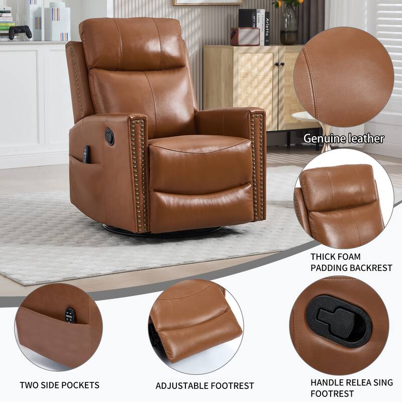 One Piece Genuine Leather Recliner Chair with Massage Heat Rocker and Swivel