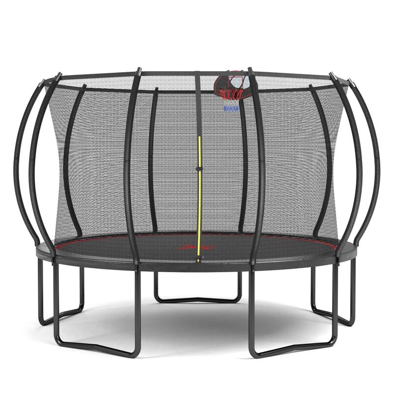 Kids Recreational Trampoline - Safety Enclosure Net, Ladder, Outdoor Backyard Use - Black+Red - 144