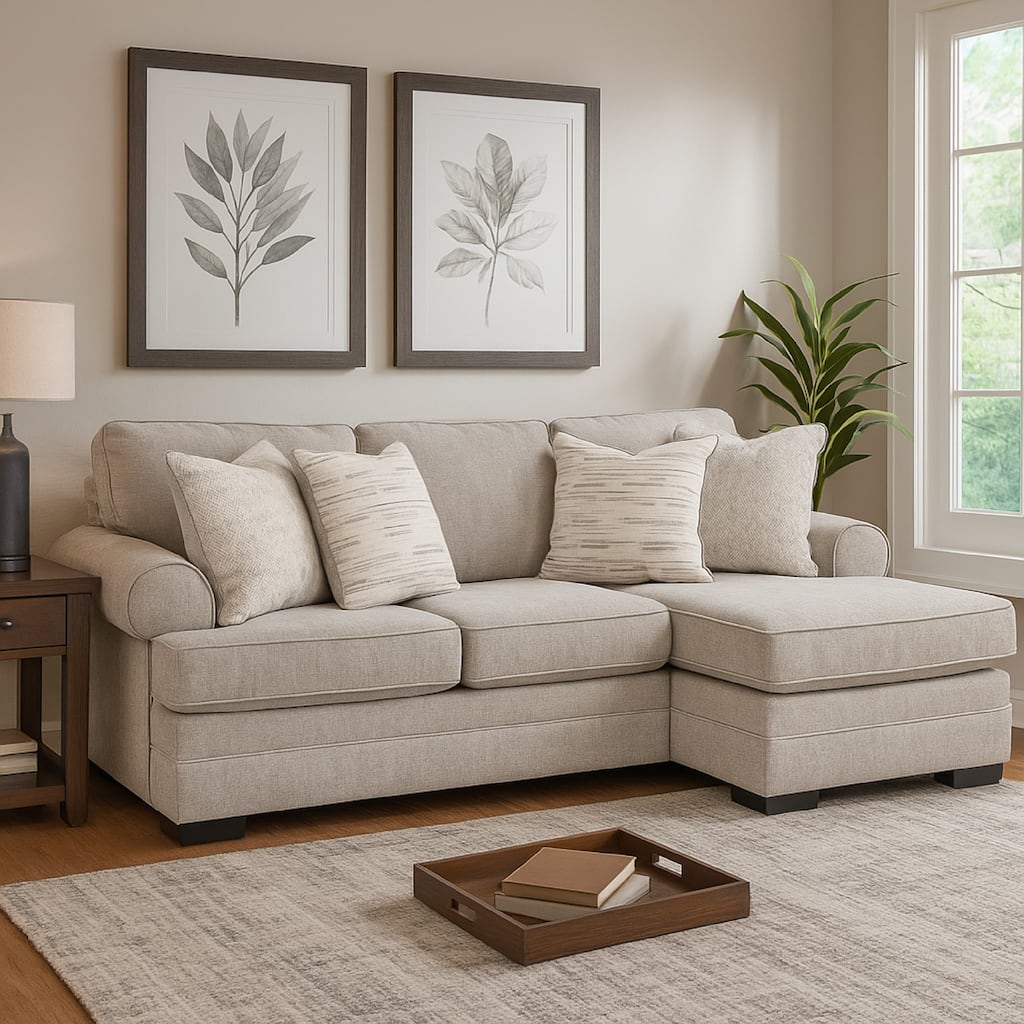 Shelyn Sofa Chaise with 4 Accent Pillows, Sand Gray Polyester 97 Inch