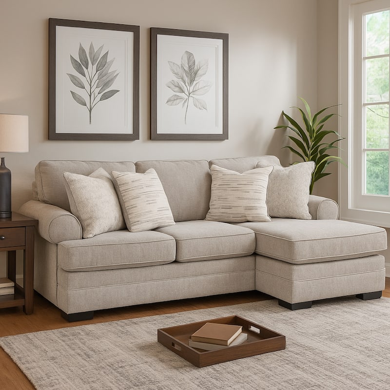 Shelyn Sofa Chaise with 4 Accent Pillows, Sand Gray Polyester 97 Inch