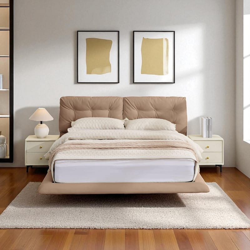 Queen Floating Upholstered Platform Bed Frame with LED Lights, PU Leather, Button Tufted Headboard, No Box Spring - Khaki - Queen