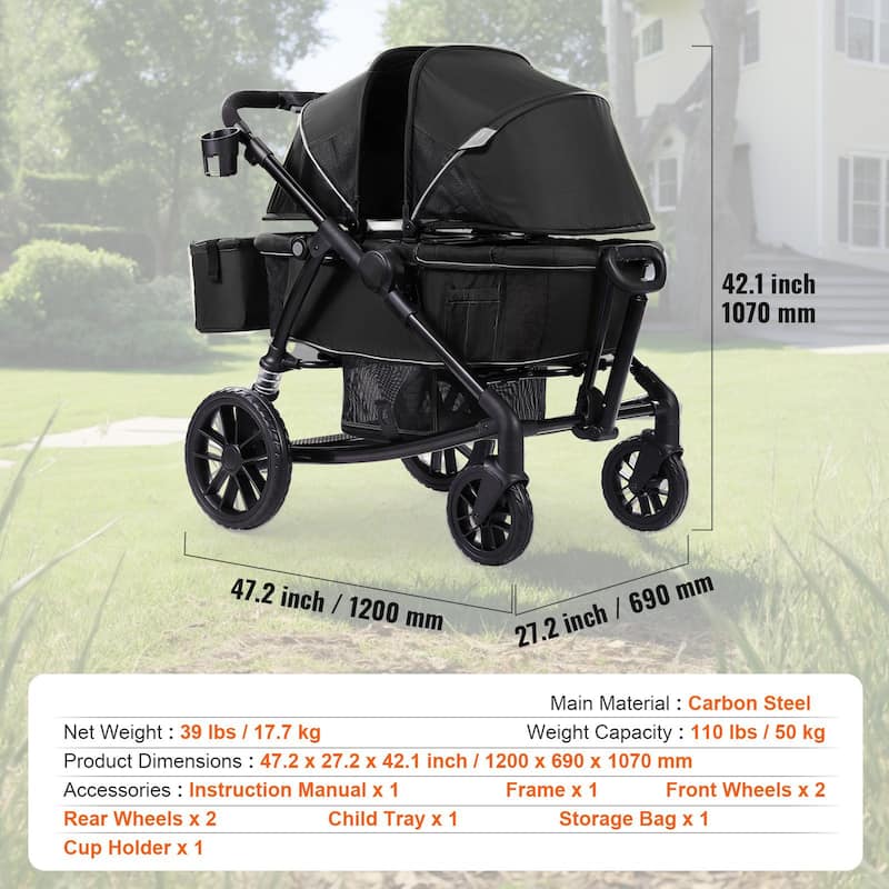 Carbon Steel All-Terrain Stroller Wagon Foldable Twin with Canopy and Tray - 47.2” L x 27.2” W x 42.1” H