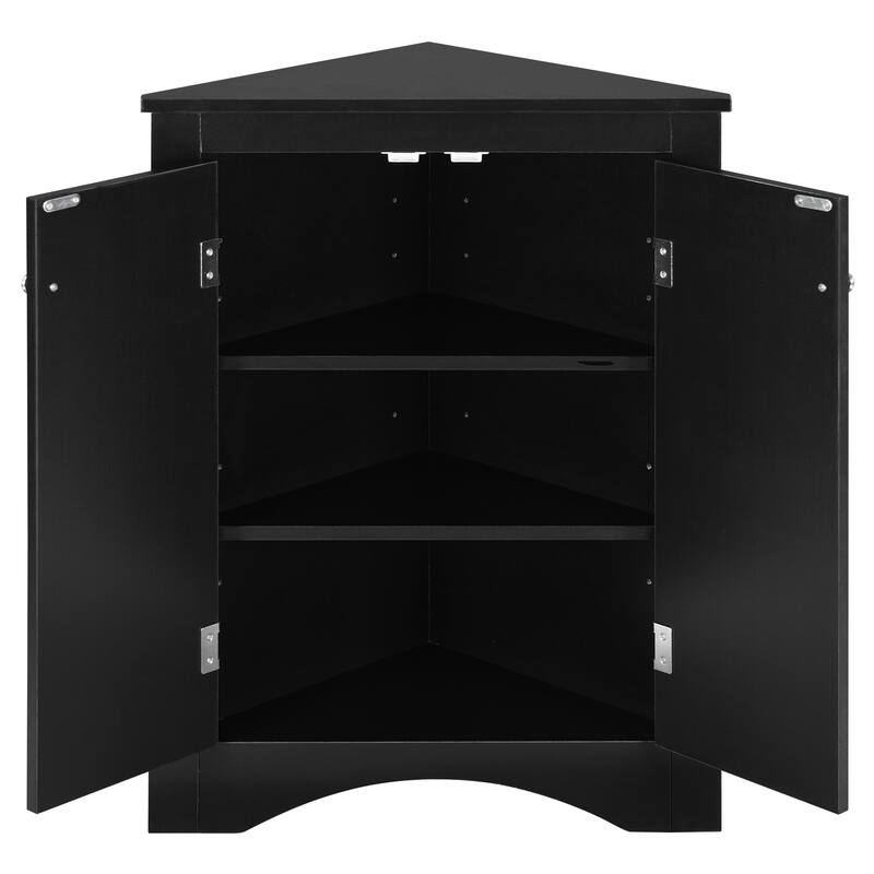 Triangle Corner Storage Cabinet, Freestanding Floor Cabinet, Double Door Bathroom Cabinet with 2 Tier Adjustable Shelves
