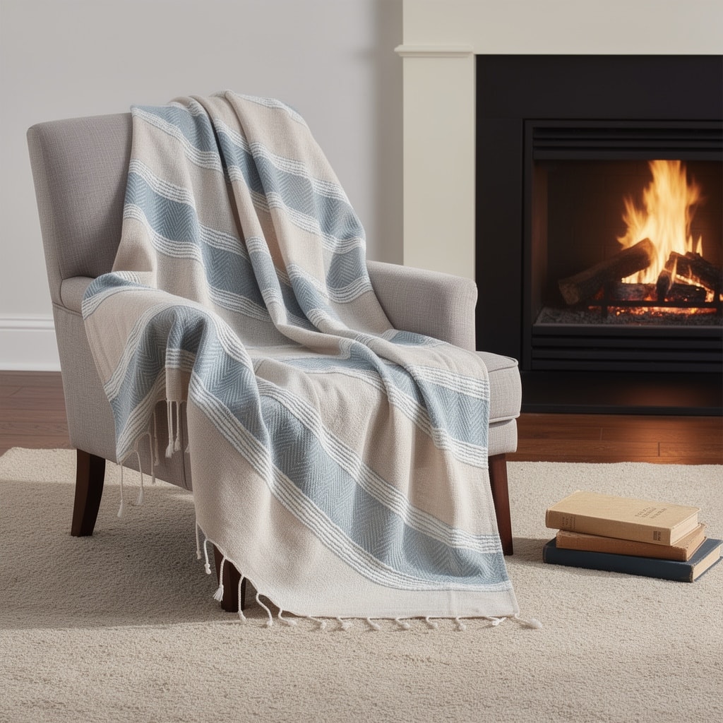 HomeRoots 50" X 60" Aqua Cotton Woven Striped Throw Blanket with Fringe