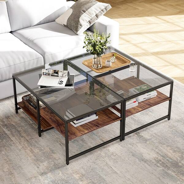 2in 1 Glass Wood Coffee Table with 2Tier Staggered Shelves Farmhouse Tea Center Table with