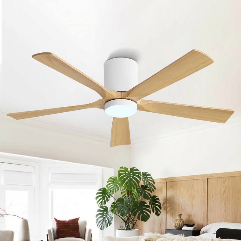 WINGBO 52" Solid Wood DC Motor Integrated LED Hugger Ceiling Fan with Remote - Wood Grain/White