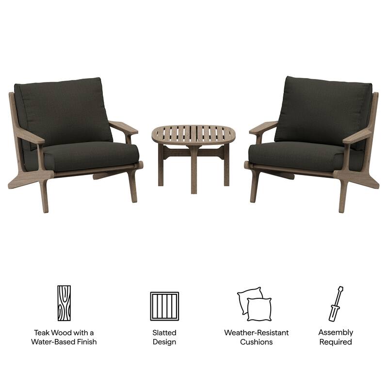 Saratoga 3-Piece Outdoor Patio Teak Wood Furniture Set with Lounge Chairs and Side Table