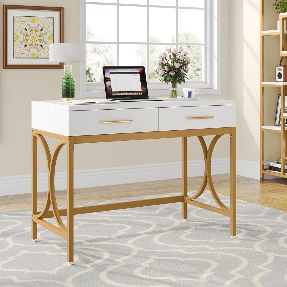 Modern White Rectangular Home Office Desk with Drawers in Gold Leg