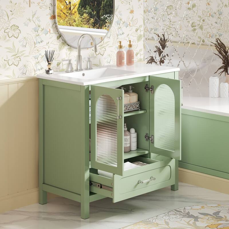 36" Bathroom Cabinet with Waffle Texture Doors,Bathroom Vanity with Four Drawers and Two Soft-Closing Doors with Glass Doors