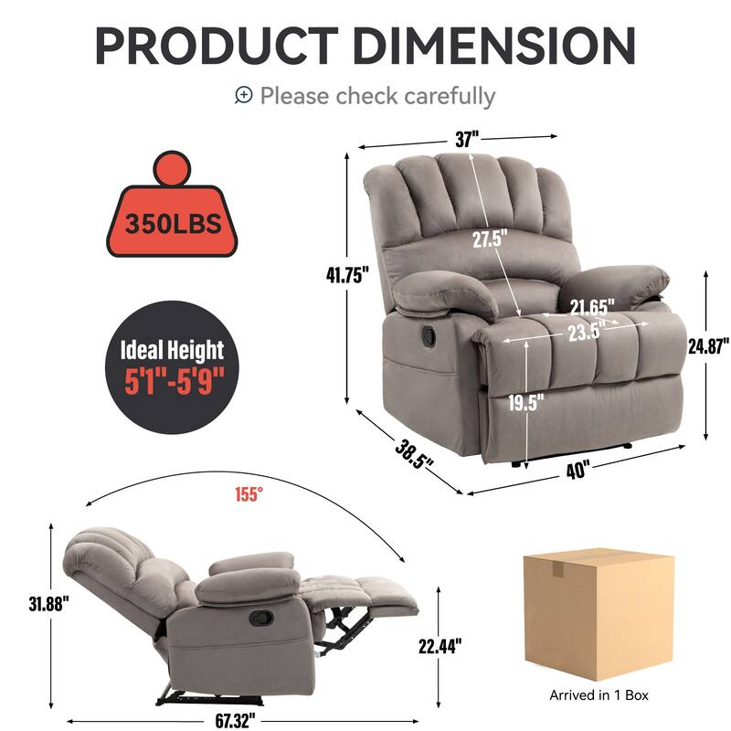 Brown Extra-Large Manual Recliner with 155° Recline Angle and Comfortable Fabric Upholstery
